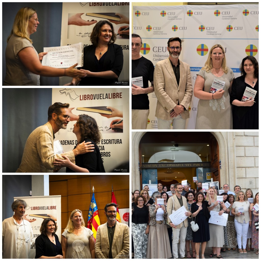 Aurora Luna, asesor literario y directora de los talleres de escritura creativa de Libro Vuela Libre, Jimmy Entraigües y Juan Agustín Vigil con la cónsul honorario de Valencia y Castellón, Karin Nylund, y el director del Instituto francés en Valencia, Maxime Henri-Rousseau en el reciente hermanamiento literario de Libro Vuela Libre con Francia