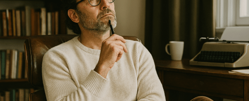 Escritor pensando en su nuevo reto de escritura en el taller literario