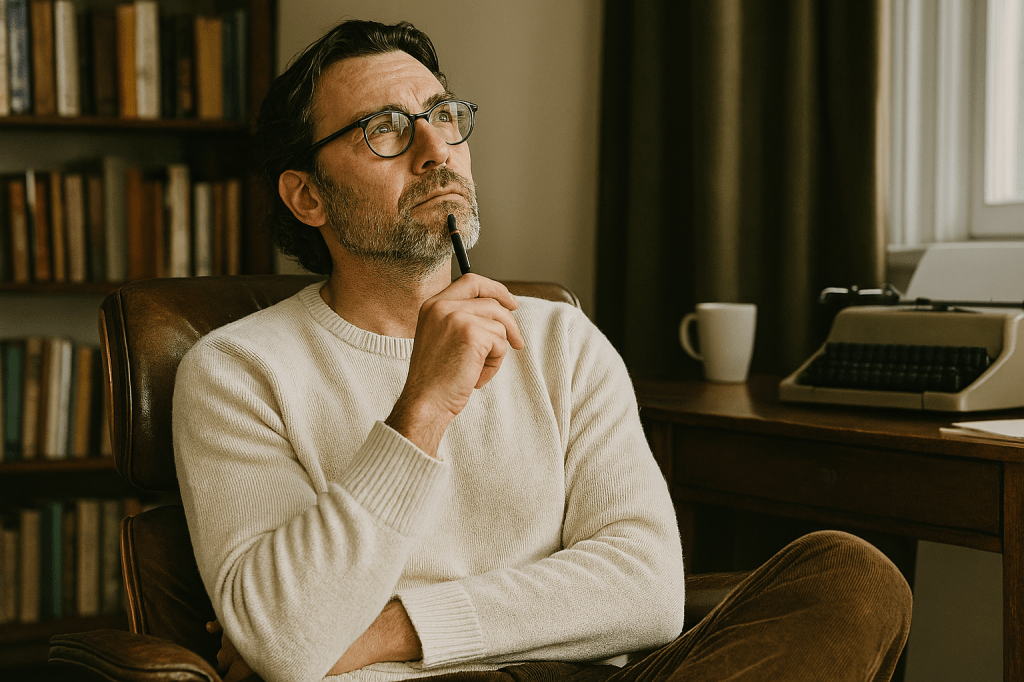 Escritor pensando una nueva clave de escritura del taller literario